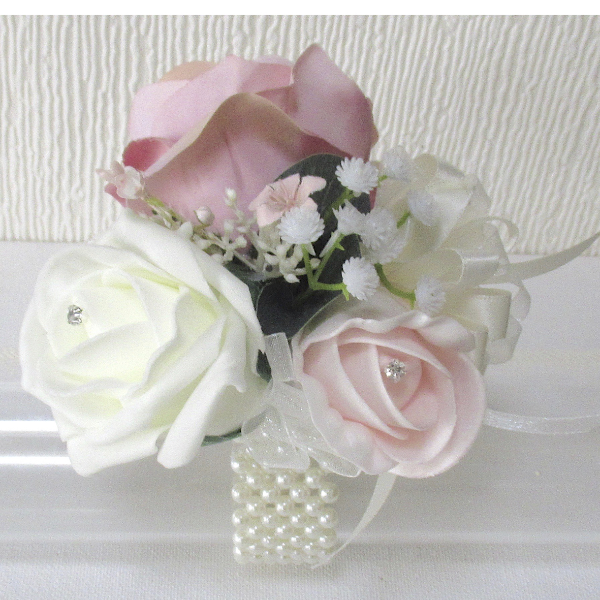 Mid Pink, Pale PInk & Ivory Rose & Rose Bud Wrist Corsage